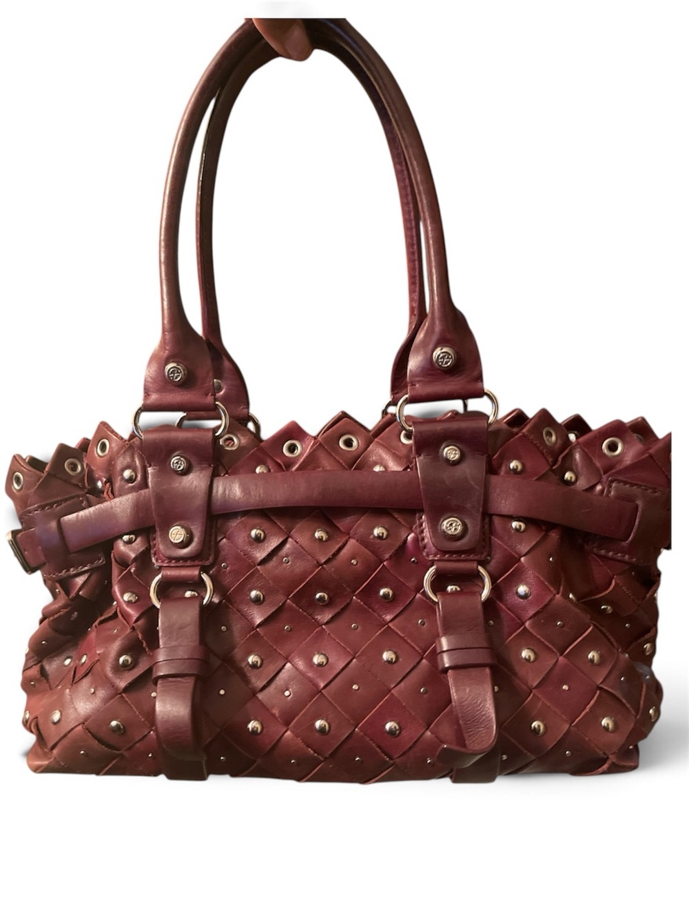 Francesco Biasia Studded Woven Leather Shoulder Bag - Burgundy